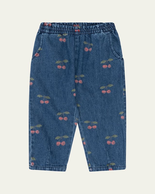 Girl's Magot Cherry-Print Denim Pocket Pants